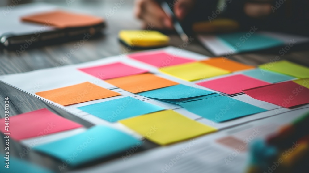 Poster colorful sticky notes arranged on a table during a planning session. close up view of a workspace.