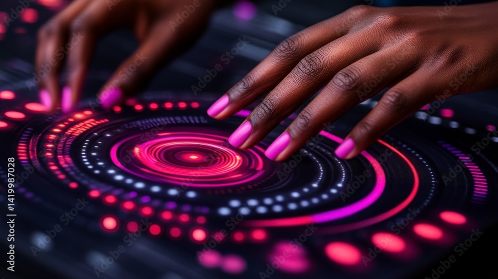 Poster close up of hands using a futuristic digital music interface with pink and red glowing concentric ci