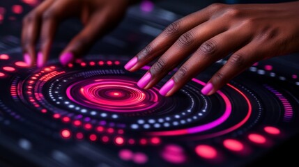 Close up of hands using a futuristic digital music interface with pink and red glowing concentric circles.