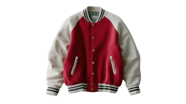 Varsity Jacket: A stylish varsity jacket in a classic red and cream color scheme, presented against a neutral backdrop, exuding timeless appeal and versatility. - Powered by Adobe