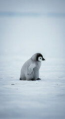 Penguin Chick Standing on Snow in Cold Environment