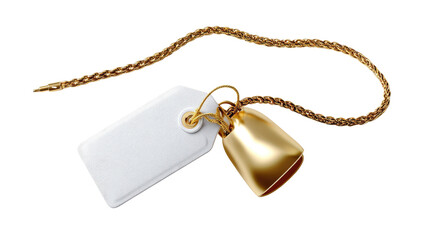 Fototapeta premium Golden Bell and Tag: A gleaming golden bell and a blank tag with a golden string, presented against a clean, uncluttered background. This image is perfect for conveying ideas of gifting, sales.