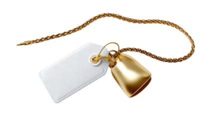 Golden Bell and Tag: A gleaming golden bell and a blank tag with a golden string, presented against a clean, uncluttered background. This image is perfect for conveying ideas of gifting, sales.
