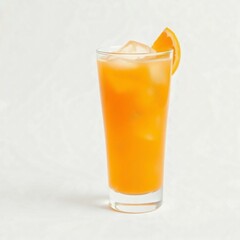 A glass of fresh orange juice with ice on a white background