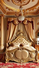 Obraz premium Opulent neoclassical French bedroom; ornate bed, silk drapes, gilded accents, interior, royal, palace