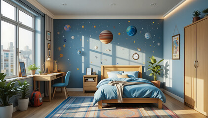3D Illustration, design interior concept and idea of a cozy modern bedroom for boy.