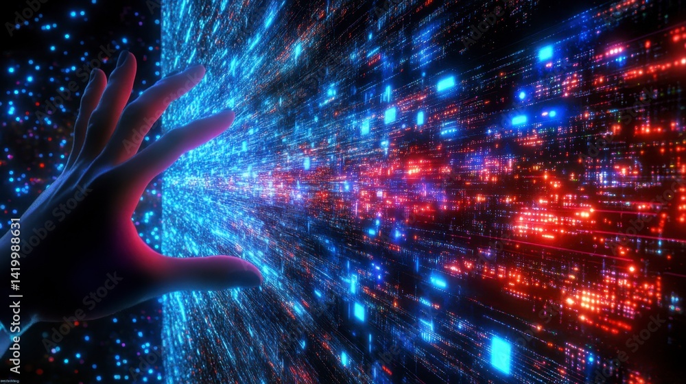 Poster a hand reaches out to touch a stream of glowing blue and red particles, creating a sense of futurist