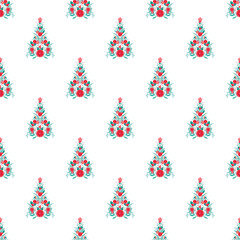 Festive Christmas Pattern Featuring Floral Styled Trees on White Background