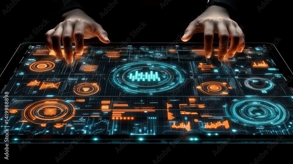 Poster hands interact with a futuristic transparent digital interface displaying glowing orange and blue da