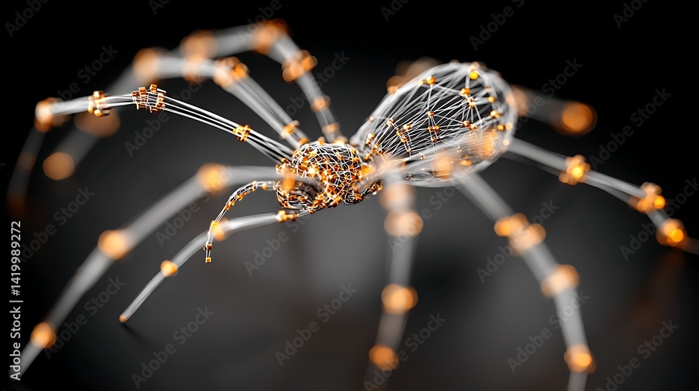 Poster arachnid web structure displaying futuristic design with glowing sphere details on black backdrop.