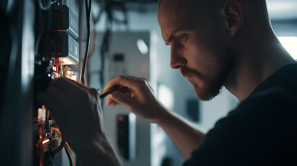 Electrician testing electrical systems in a building. Featuring precision and safety