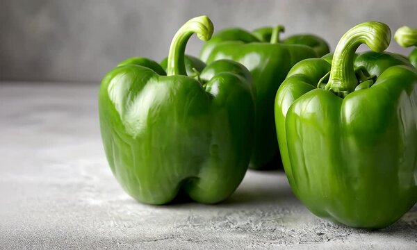 Four vibrant green bell peppers sit on a textured surface, showcasing their smooth skin and curved stems against a soft grey backdrop