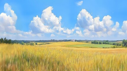 Golden wheat sways under a vast bright sky dotted with fluffy clouds idyllic farmland