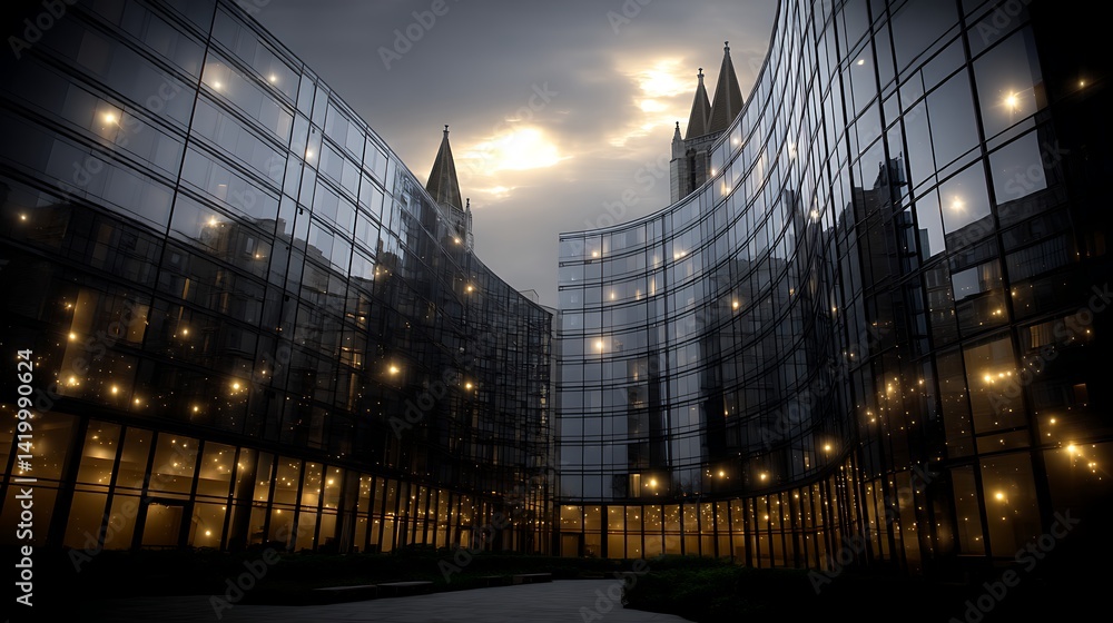Poster architectural symphony glass structures with gothic reflection against twilight backdrop view.