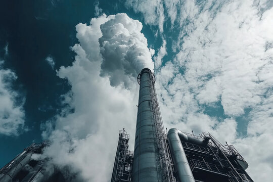 industrial chimney with smoke on blue sky