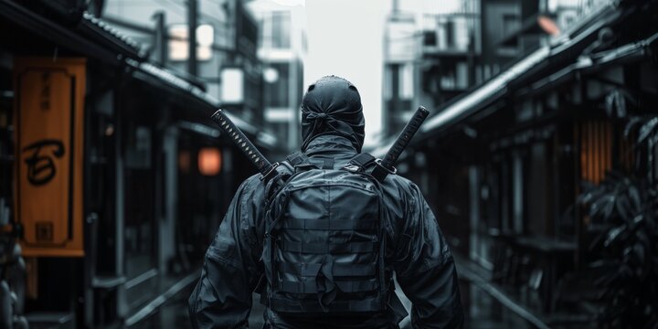 back view of ninja with swords walking in asian town