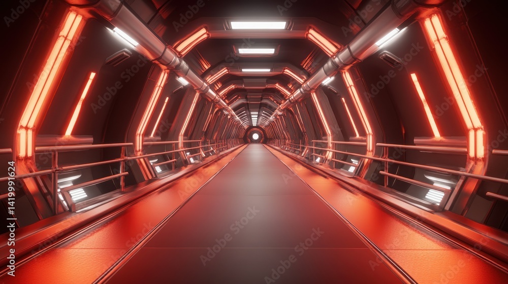 Poster futuristic corridor with glowing red lights and metallic structures