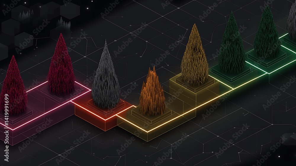 Poster array of geometric trees on a networked grid abstract technological composition ninety four chars.