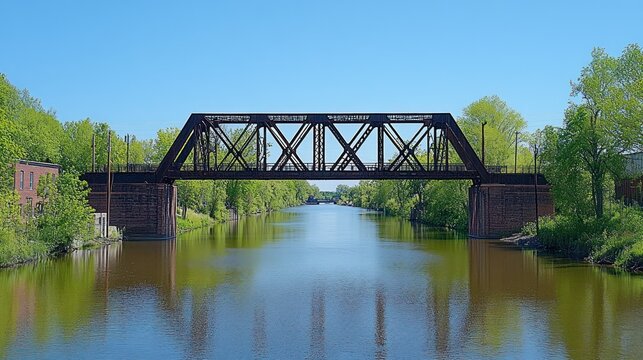 A steel truss bridge spanning over a wide calm river