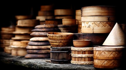 Array of Woven Baskets and Containers Evoking Traditional Craftsmanship and Rustic Charm.