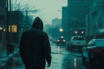 back view of man in a hood walks down the street with rain