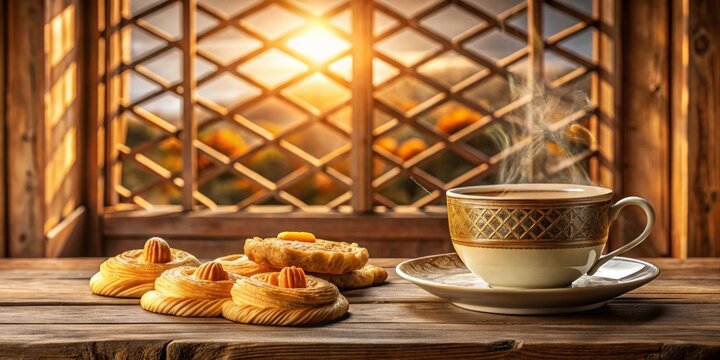 Warm Beverage and Sweet Treats Enjoyed by a Window at Sunset