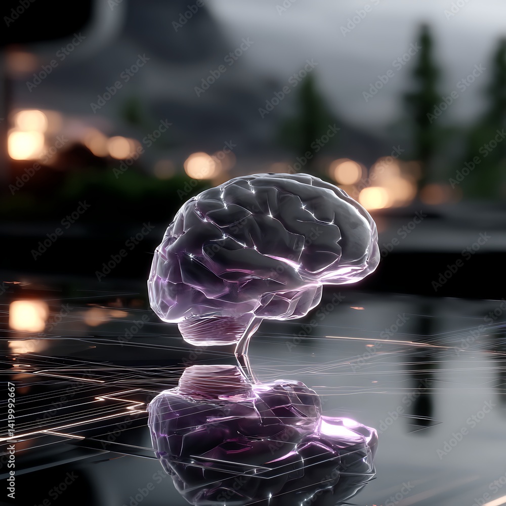 Poster artificial intelligence brain on a data network in futuristic technological ambiance.