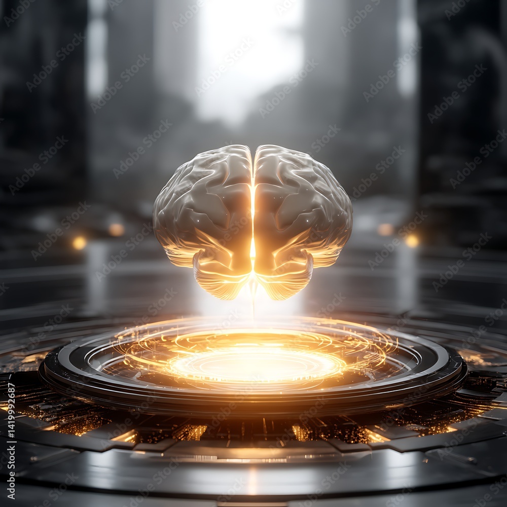 Poster artificial intelligence concept brain interface with futuristic technology platform connection.