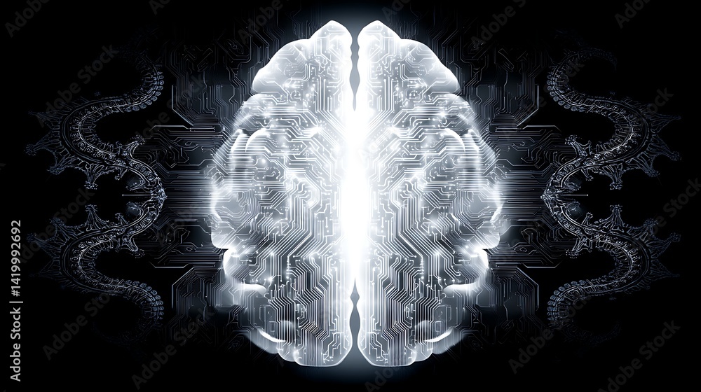 Poster artificial intelligence brain with circuitry and digital design element innovation and connection