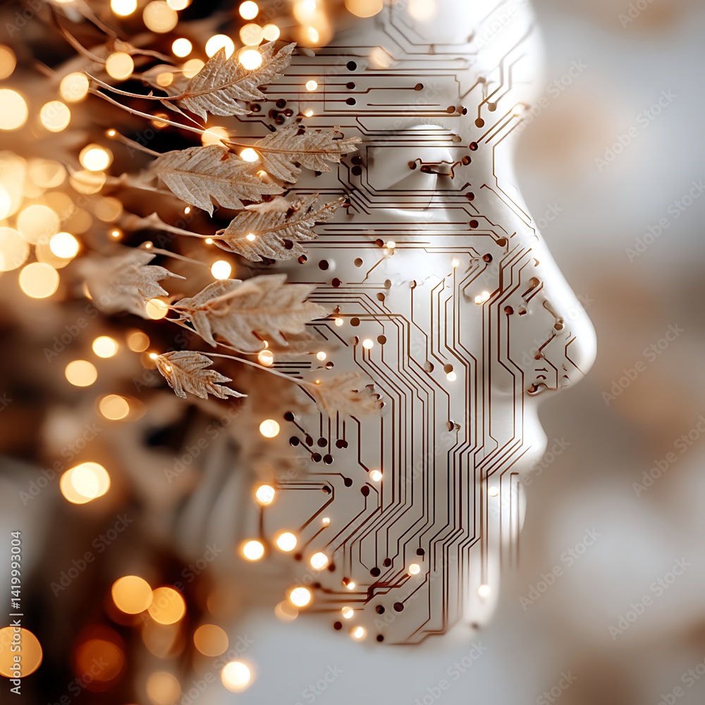 Poster artificial intelligence mind illuminated with nature digital integration concept image