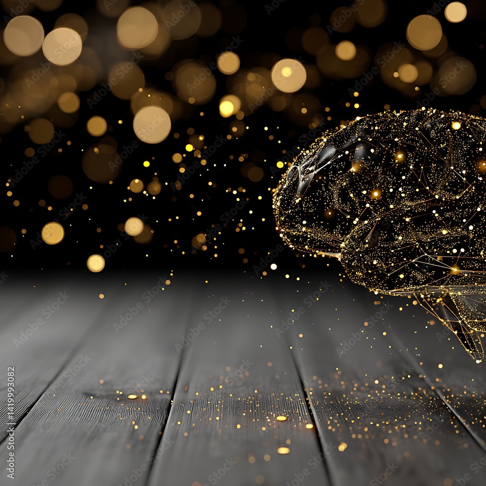 Poster artificial intelligence network brain connections and golden particle flow on a wooden surface