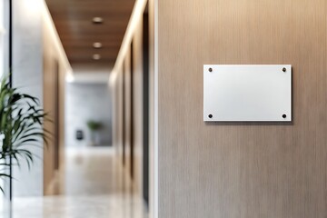 Blank Office Sign Mockup: A blank office sign mockup on a wooden wall with blurred modern hallway in the background, perfect for adding your company name or branding.