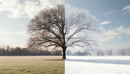 Fototapeta premium single tree stands between a snowy field and green grass, symbolizing the transition between winter and spring with a peaceful natural landscape
