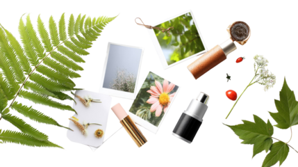 Botanical Essence: A captivating display featuring a harmonious blend of delicate flowers, vibrant leaves, and elegant cosmetic bottles, evoking a sense of natural beauty and tranquility.