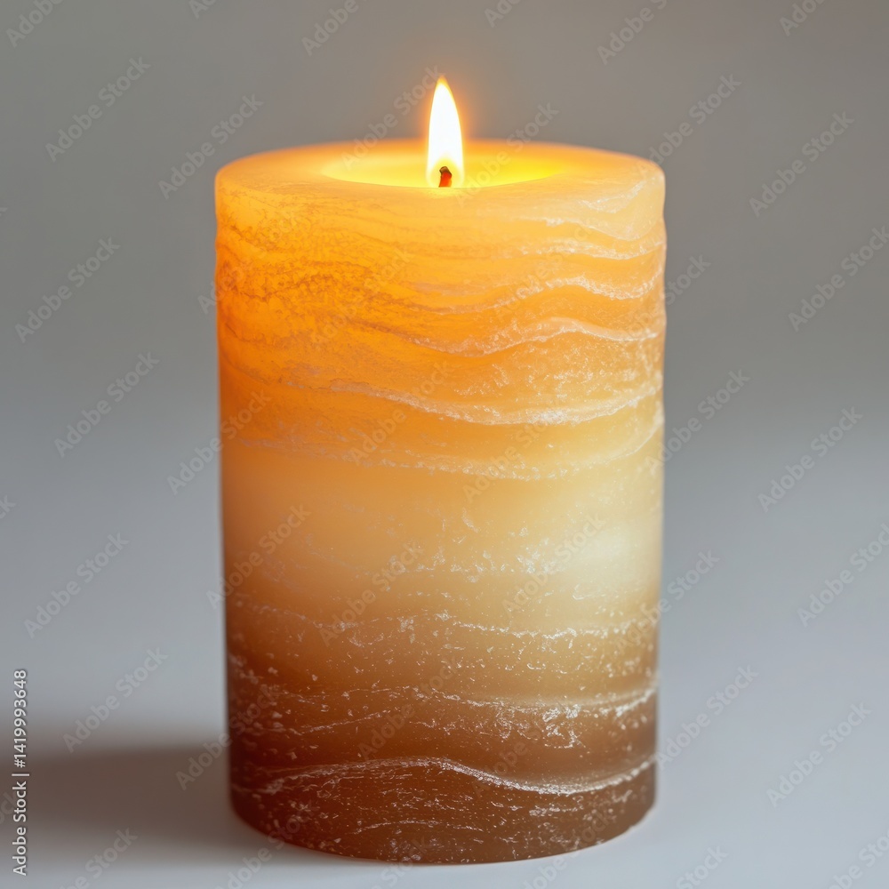 Poster warm and softly glowing candle with subtle gradient layers in orange and beige tones illuminating a 