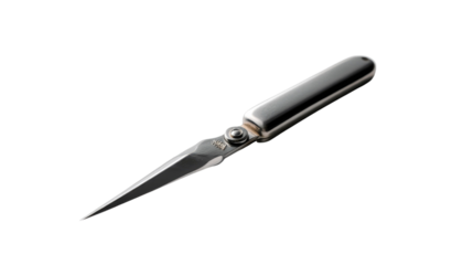 Classic Metal Letter Opener: A classic metal letter opener in gleaming silver lies gracefully, isolated, suggesting themes of correspondence and refined style.