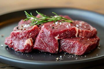 Fototapeta premium raw beef on black plate with herbs and salt