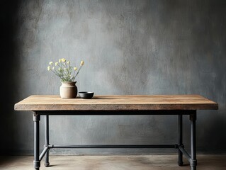 A sleek writing desk with a top made of repurposed stone and a recycled metal base