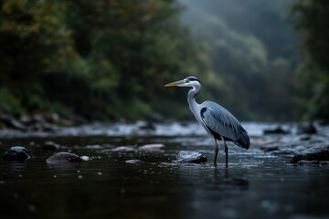Fototapeta premium a heron stands in the river with copy space