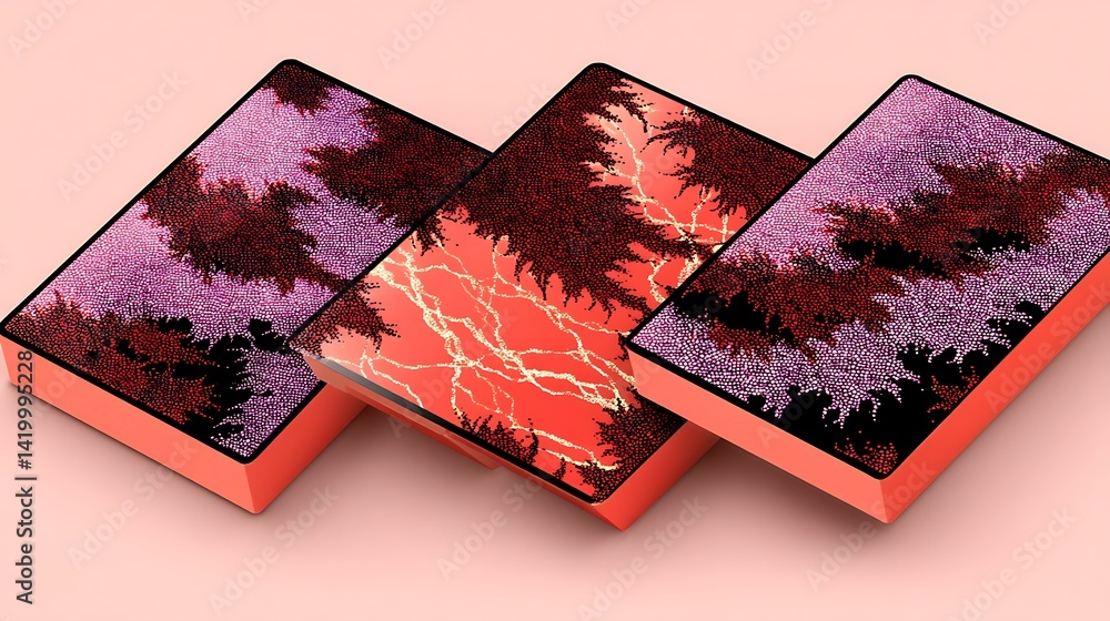 Aufkleber artistic rectangular presentation boxes with tree lightning designs and textured purple tone palette