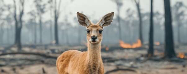 Obraz premium Global warming wildlife loss concept. A deer stands amidst a burned forest, reflecting resilience in a scorched landscape.