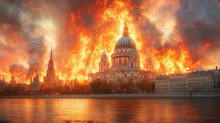 Fototapeta premium Building engulfed in flames with water in foreground and dramatic sky background.