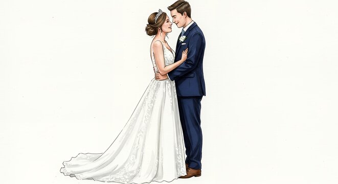 Romantic wedding couple portrait illustration soft colors elegant design