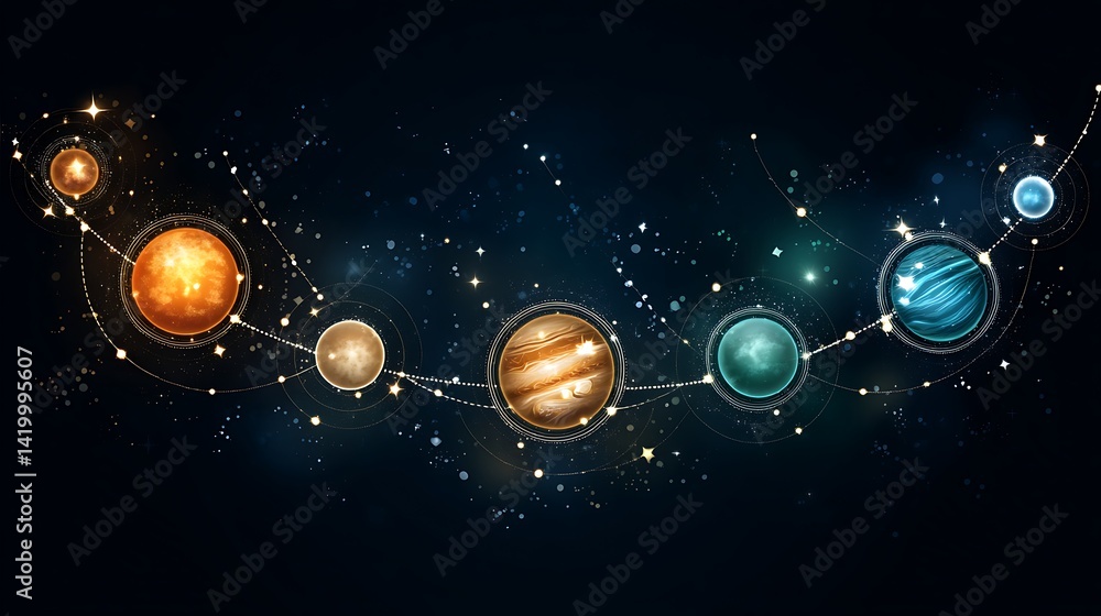 Poster artistic visualization of planets in space a celestial display with stars and orbits decoration.