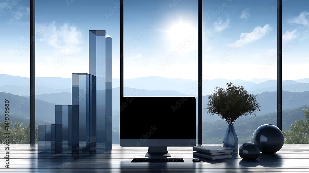 Poster ascending bar graph with computer displayed on the table with panoramic mountain view background.