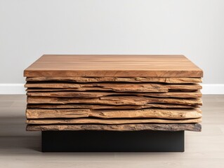 A sculptural coffee table featuring polished reclaimed wood and a base of recycled steel