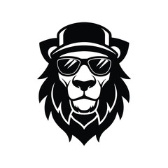 Silhouette art illustration mascot logo of lion head wearing snapback cap and aviator sunglasses.eps