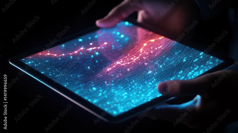 Aufkleber hands holding tablet working with data information and statistics