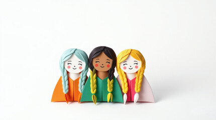 Three paper dolls with colorful costumes and long braids.