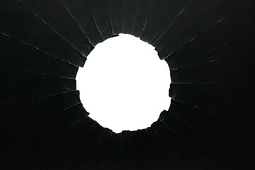 Shattered Vision: A striking close-up of shattered glass with a prominent circular aperture against a dark backdrop, creating a visual statement.